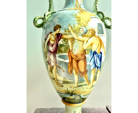 Pair of majolica vases with snake grips and historiated decoration.Manufactured by Giovanni Mollica.Naples.     
