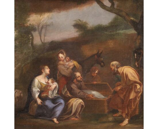 Italian painting landscape with family scene from the 18th century