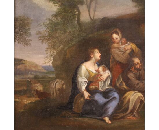 Italian painting landscape with family scene from the 18th century