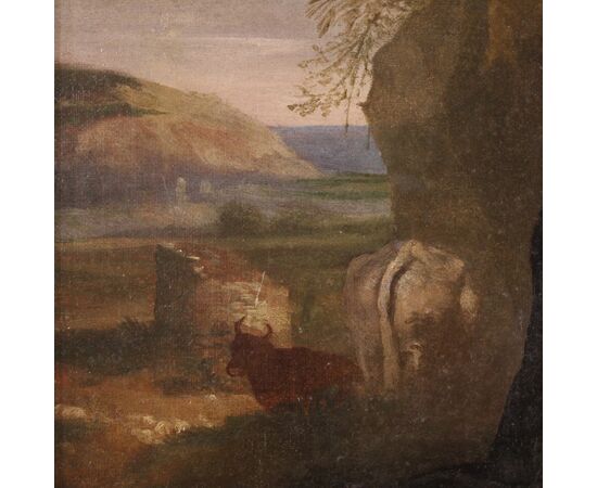 Italian painting landscape with family scene from the 18th century