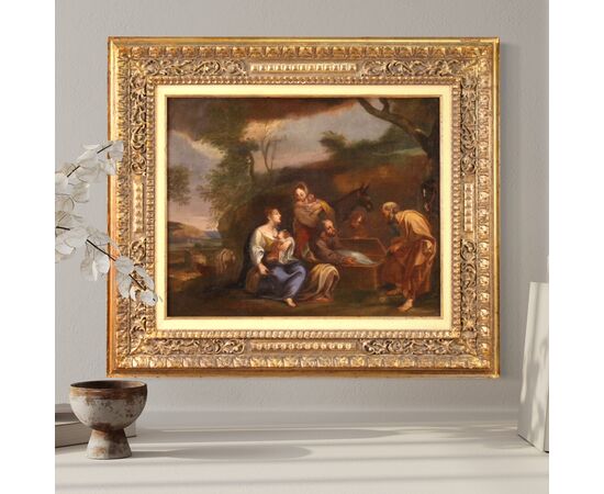 Italian painting landscape with family scene from the 18th century