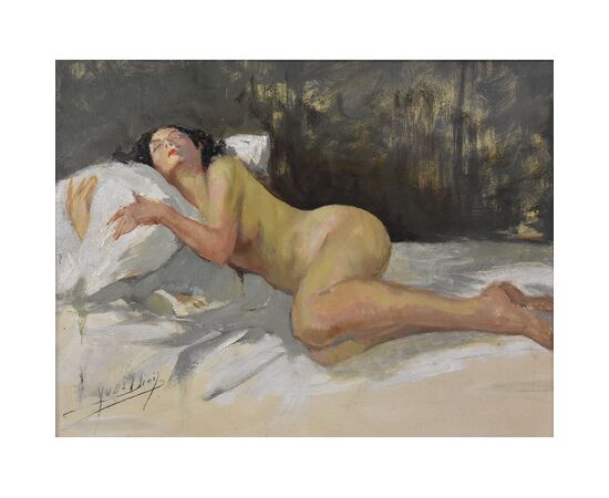 DIPINTI NUDITA' FEMMINILE, ART DECO, QUADRI DI NUDI DI DONNA DISTESA, YVES DIEY, DEL 1900. (QN607)