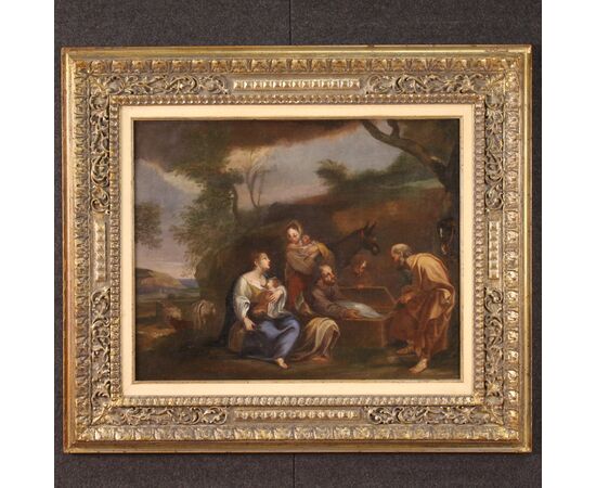 Italian painting landscape with family scene from the 18th century