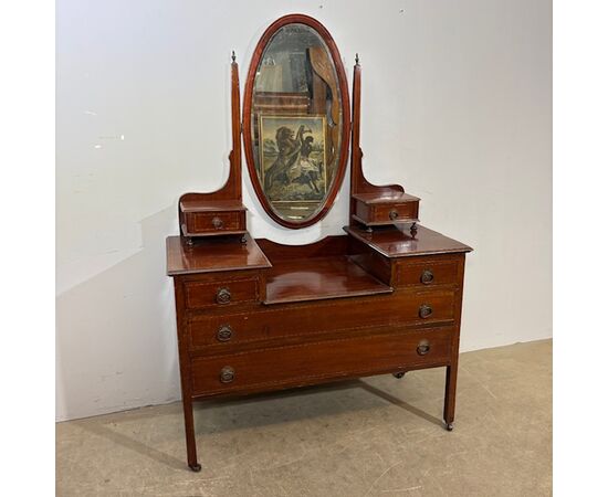 Antica cassettiera toilette inglese mogano e intarsi XIX secolo  . Specchio Basculante.  Mis 68 x 45 . h 142