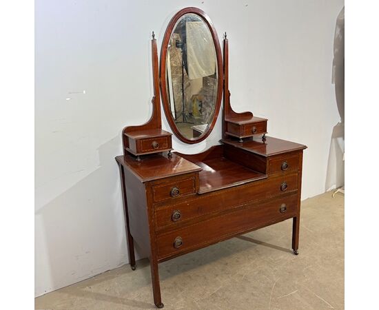 Antica cassettiera toilette inglese mogano e intarsi XIX secolo  . Specchio Basculante.  Mis 68 x 45 . h 142