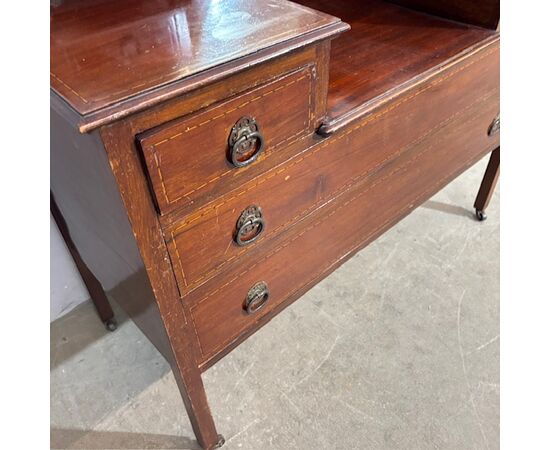 Antica cassettiera toilette inglese mogano e intarsi XIX secolo  . Specchio Basculante.  Mis 68 x 45 . h 142