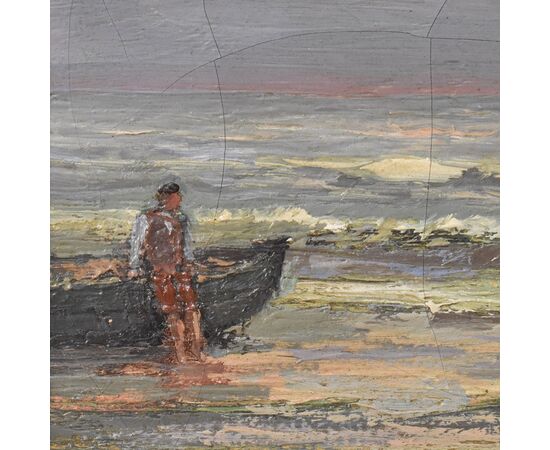 DIPINTI ANTICHI DI MARINE, PAESAGGIO DI MARE CON BARCA, OLIO SU TELA, FINE XIX SECOLO. (QM625)