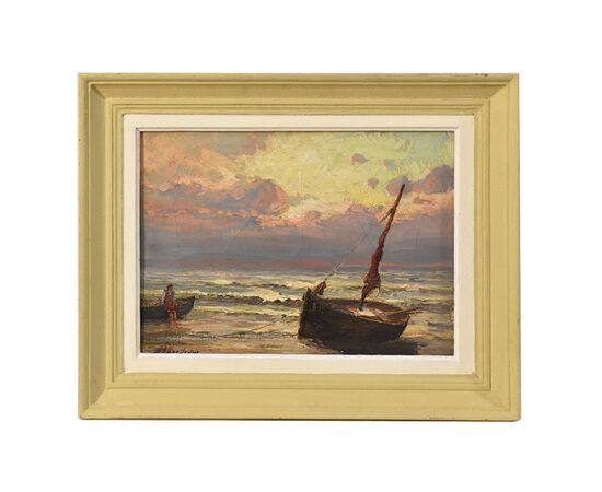 DIPINTI ANTICHI DI MARINE, PAESAGGIO DI MARE CON BARCA, OLIO SU TELA, FINE XIX SECOLO. (QM625)