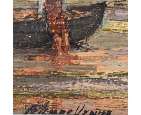 DIPINTI ANTICHI DI MARINE, PAESAGGIO DI MARE CON BARCA, OLIO SU TELA, FINE XIX SECOLO. (QM625)
