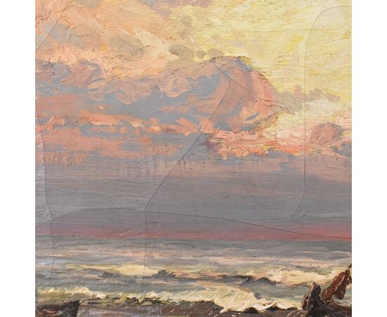 DIPINTI ANTICHI DI MARINE, PAESAGGIO DI MARE CON BARCA, OLIO SU TELA, FINE XIX SECOLO. (QM625)