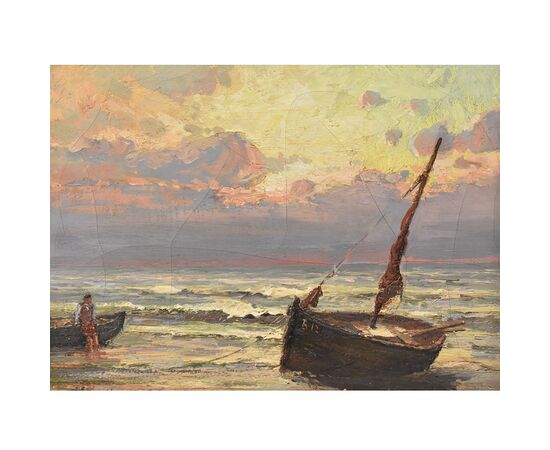DIPINTI ANTICHI DI MARINE, PAESAGGIO DI MARE CON BARCA, OLIO SU TELA, FINE XIX SECOLO. (QM625)