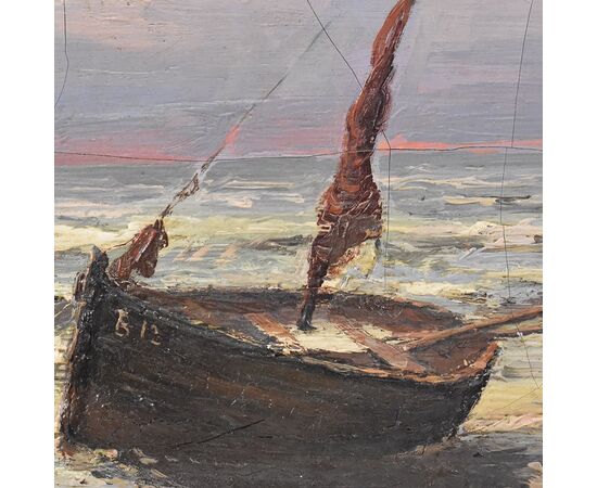 DIPINTI ANTICHI DI MARINE, PAESAGGIO DI MARE CON BARCA, OLIO SU TELA, FINE XIX SECOLO. (QM625)