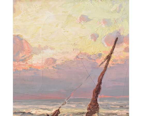 DIPINTI ANTICHI DI MARINE, PAESAGGIO DI MARE CON BARCA, OLIO SU TELA, FINE XIX SECOLO. (QM625)