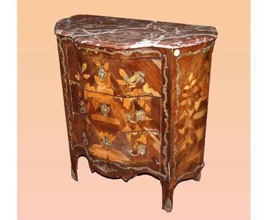 Comò intarsiato francese stile Luigi XV del 1800 in palissandro con marmo e bronzi