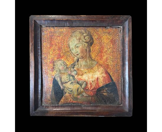 TAVOLETTA LIGNEA MADONNA E BAMBINO SU FONDO ORO XVI SECOLO