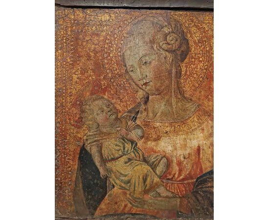 TAVOLETTA LIGNEA MADONNA E BAMBINO SU FONDO ORO XVI SECOLO