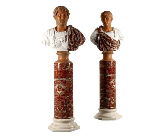 Coppia di Busti di Imperatori e Colonne in Ceramica Tommaso Barbi Italia Anni '70