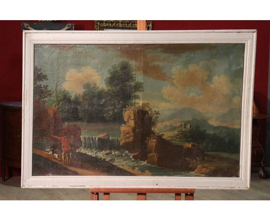 Antico dipinto italiano raffigurante paesaggio con cacciatori del XVIII secolo