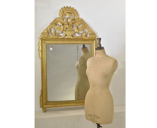 SPECCHIO ANTICO CON UCCELLINI, SPECCHIERA  ANTICA DEL SETTECENTO, CORNICE DORATA IN LEGNO INTAGLIATO. (SPC186)