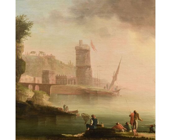 Veduta costiera al tramonto con pescatori e imbarcazioni, Atelier di Charles François Grenier De Lacroix, detto de Marseille (Marsiglia 1700 – Berlino 1782)