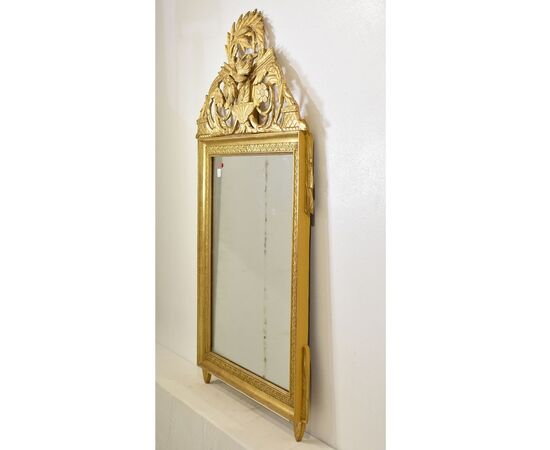 SPECCHIO ANTICO CON UCCELLINI, SPECCHIERA  ANTICA DEL SETTECENTO, CORNICE DORATA IN LEGNO INTAGLIATO. (SPC186)