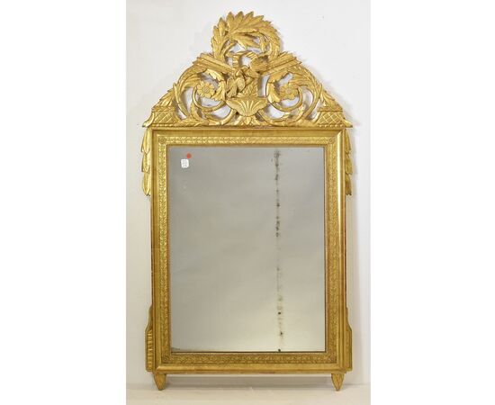 SPECCHIO ANTICO CON UCCELLINI, SPECCHIERA  ANTICA DEL SETTECENTO, CORNICE DORATA IN LEGNO INTAGLIATO. (SPC186)
