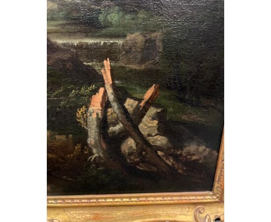 Paesaggio con tuono e figure, olio su tela del ‘700, scuola romana