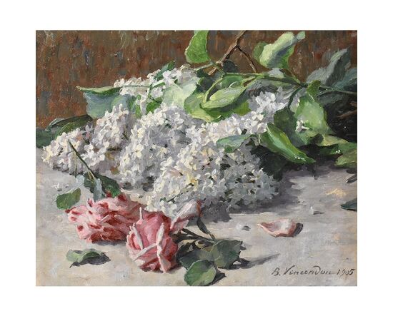 QUADRI ANTICHI, ART NOUVEAU, NATURA MORTA CON FIORI DI ROSE E LILLÀ, OLIO SU TELA, XX SECOLO. (QF627)