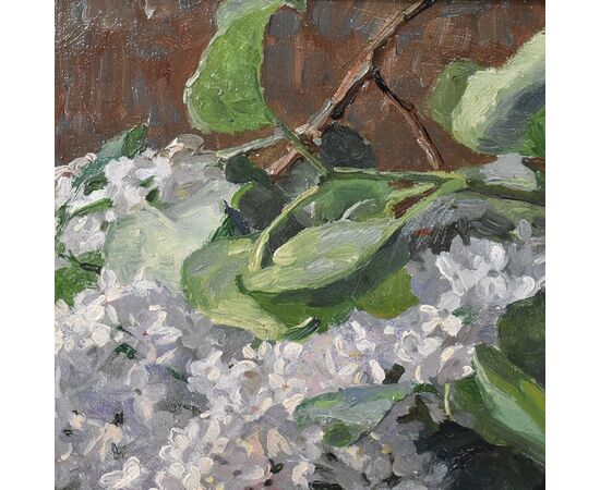 QUADRI ANTICHI, ART NOUVEAU, NATURA MORTA CON FIORI DI ROSE E LILLÀ, OLIO SU TELA, XX SECOLO. (QF627)