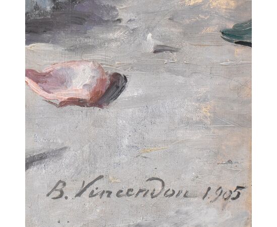 QUADRI ANTICHI, ART NOUVEAU, NATURA MORTA CON FIORI DI ROSE E LILLÀ, OLIO SU TELA, XX SECOLO. (QF627)