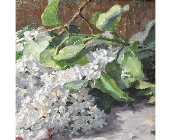QUADRI ANTICHI, ART NOUVEAU, NATURA MORTA CON FIORI DI ROSE E LILLÀ, OLIO SU TELA, XX SECOLO. (QF627)