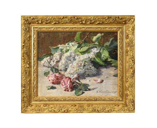 QUADRI ANTICHI, ART NOUVEAU, NATURA MORTA CON FIORI DI ROSE E LILLÀ, OLIO SU TELA, XX SECOLO. (QF627)