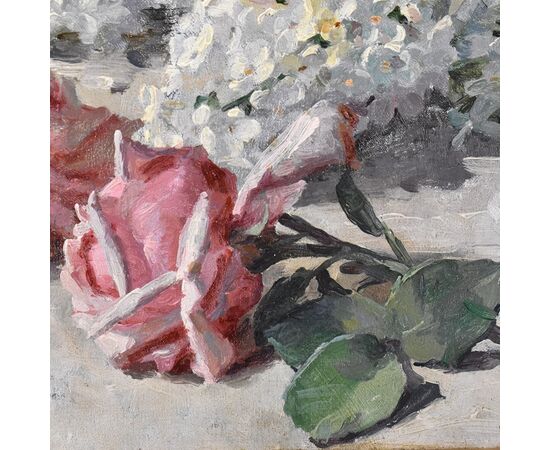 QUADRI ANTICHI, ART NOUVEAU, NATURA MORTA CON FIORI DI ROSE E LILLÀ, OLIO SU TELA, XX SECOLO. (QF627)