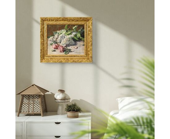 QUADRI ANTICHI, ART NOUVEAU, NATURA MORTA CON FIORI DI ROSE E LILLÀ, OLIO SU TELA, XX SECOLO. (QF627)