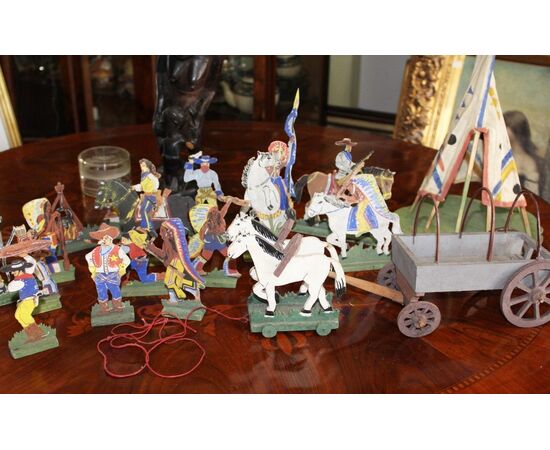 Set accampamento indiani e cowboy statuine legno - primi '900