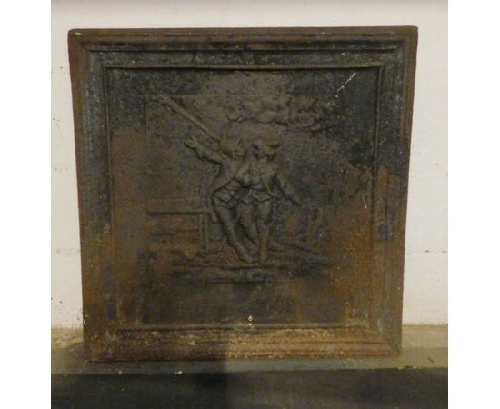p145 cast iron plate, interior inn scene with two figures; mis. cm 70 x 70,     