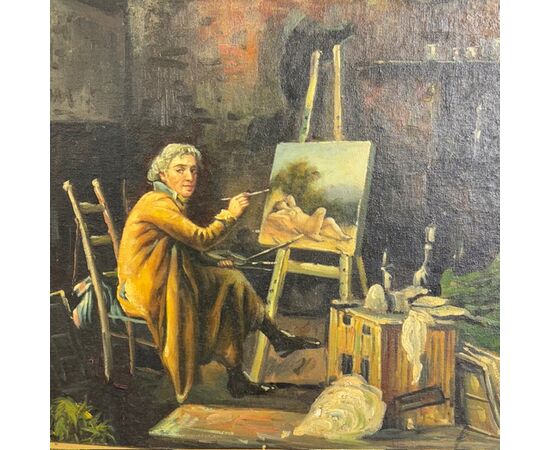 Antico dipinto olio su tavola Atelier d artista. Epoca 1850 con cornice antica dorata. Mis 64 x 50 . Firmato 