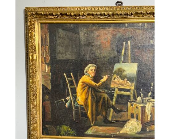 Antico dipinto olio su tavola Atelier d artista. Epoca 1850 con cornice antica dorata. Mis 64 x 50 . Firmato 