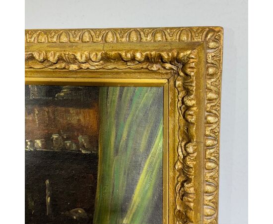 Antico dipinto olio su tavola Atelier d artista. Epoca 1850 con cornice antica dorata. Mis 64 x 50 . Firmato 