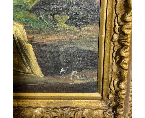 Antico dipinto olio su tavola Atelier d artista. Epoca 1850 con cornice antica dorata. Mis 64 x 50 . Firmato 