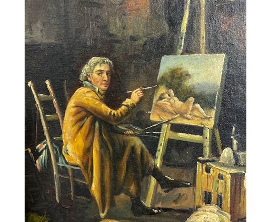 Antico dipinto olio su tavola Atelier d artista. Epoca 1850 con cornice antica dorata. Mis 64 x 50 . Firmato 