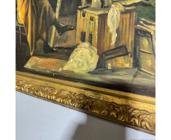 Antico dipinto olio su tavola Atelier d artista. Epoca 1850 con cornice antica dorata. Mis 64 x 50 . Firmato 