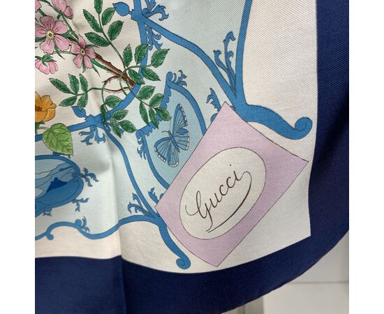 GUCCI Foulard Vintage in Seta Col. Blu Flora