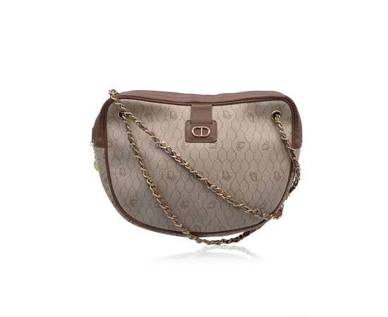 DIOR Borsa a Tracolla Vintage in Tela Col. Beige <p style="text-align: left">Vintage Christian Dior beige logo canvas shoulder bag with brown leather trim. Gold metal CD logo on the front. Upper zipper closure. Gold metal interwoven leather shoulder strap