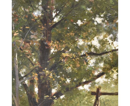 DIPINTI ANTICHI CON PAESAGGI, BOSCO CON SENTIERO, OLIO SU TELA, XIX SECOLO. (QP628)