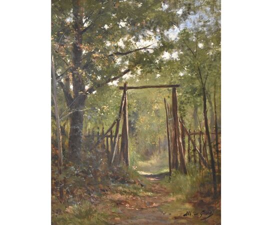 DIPINTI ANTICHI CON PAESAGGI, BOSCO CON SENTIERO, OLIO SU TELA, XIX SECOLO. (QP628)