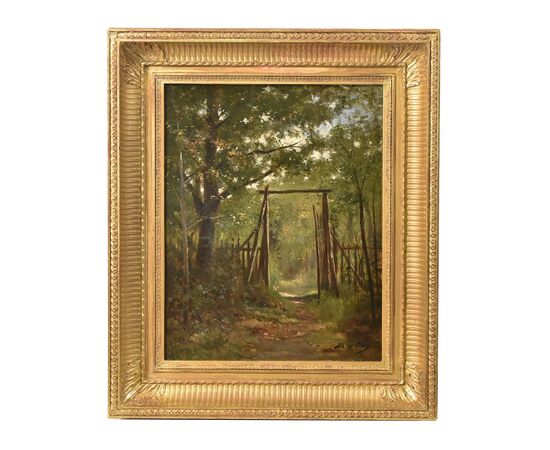 DIPINTI ANTICHI CON PAESAGGI, BOSCO CON SENTIERO, OLIO SU TELA, XIX SECOLO. (QP628)