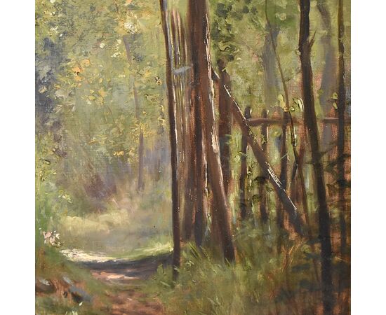DIPINTI ANTICHI CON PAESAGGI, BOSCO CON SENTIERO, OLIO SU TELA, XIX SECOLO. (QP628)