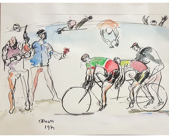 Pair of drawings - Cyclists and riders - Nino Corrado Corazza     