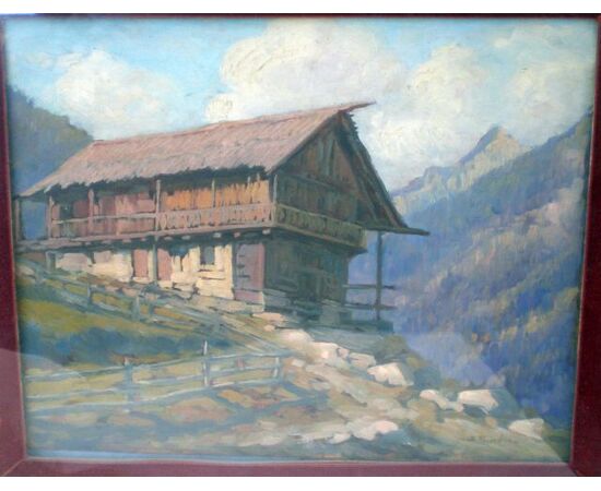 dipinto anni 50 veduta di montagna Dolomiti